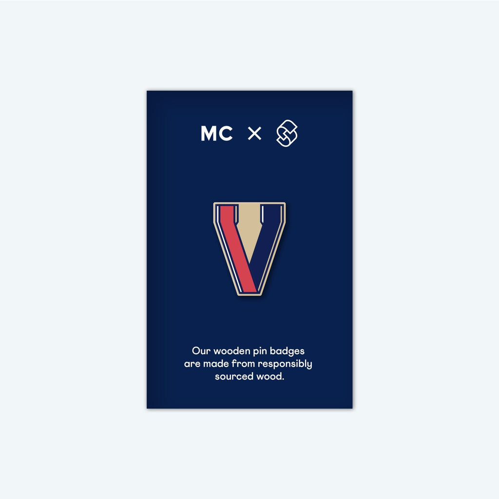 Letter V — Character Collection — Wooden Pin Badge - Storigraphic