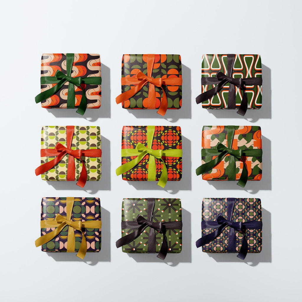 Set of 9 70s Wrapping Papers — Seventies Series — Free Gift Tags Included - Storigraphic